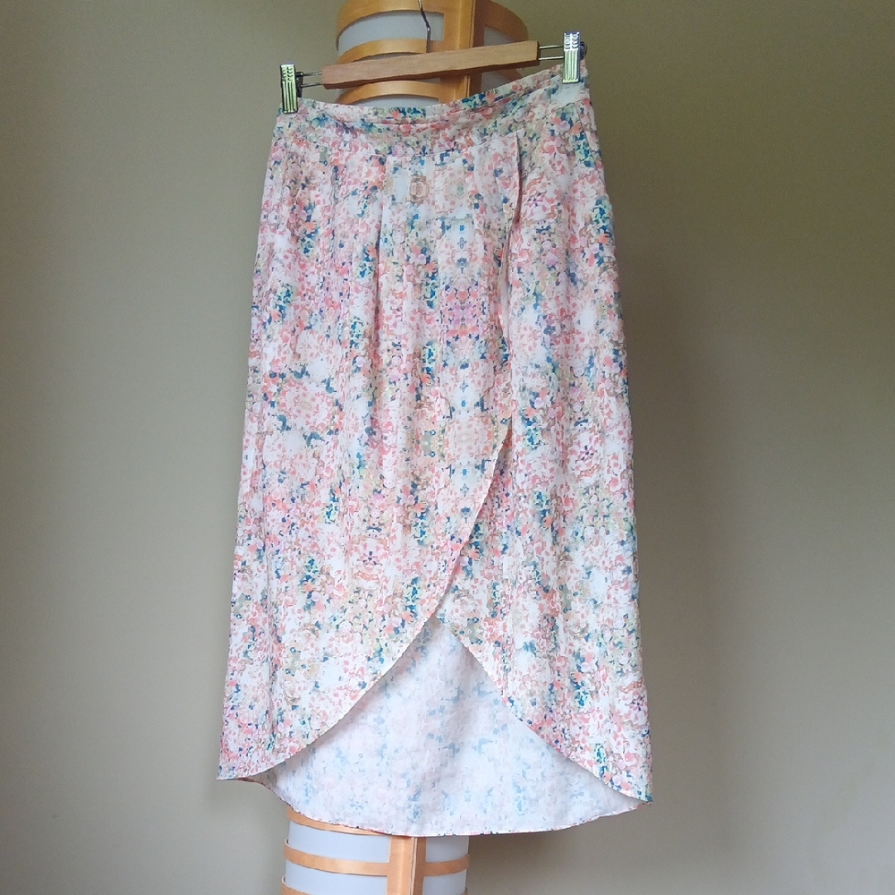 Waist14"-16" Gentle Fawn Floral Low High Wrap Midi Skirt - Pink White and Green